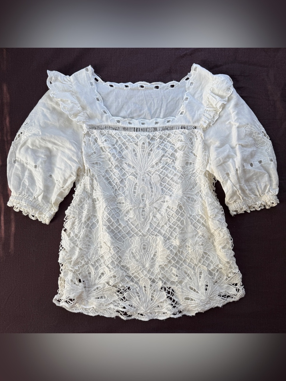 Sundance Embroidered Linen Lace Puff Sleeve Boho Blouse Medium